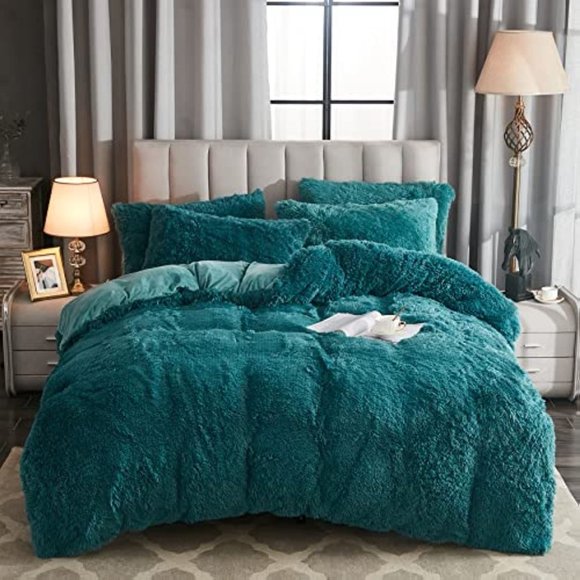 Shaggy Fluffy Faux Fur Duvet Cover Set Button Closure Velvety Bedding Se…